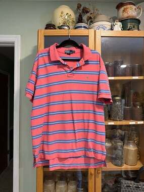 Polo Ralph Lauren XXL Striped Polo Shirt Pink Blue with Green Pony Logo